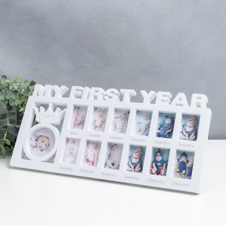 Photo frame plastic in 13 photos 3.5x5.5, d = 6.5 cm "My first year" white 18.5x39x2 cm-1