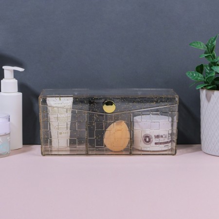 SHINE organizer for storage, with a lid, 3 sections, 21.5 × 8.8 × 9.5 cm, the color is transparent/golden-6