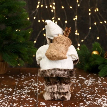 Santa Claus "in a fluffy cap, with a flashlight and gifts" 28 cm, moves, gray-white-2