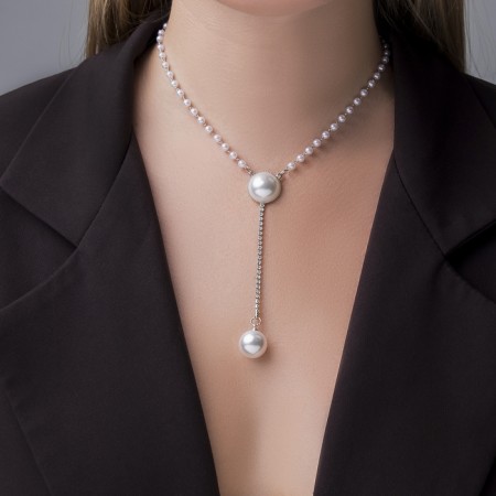Pearls with pearls “chain” Olympia, two beads with a chain, white color in silver, 32 cm