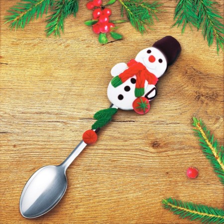 New Year's set for creativity. A spoon for decor with polymer clay “New Year! Snowman in a scarf "-2