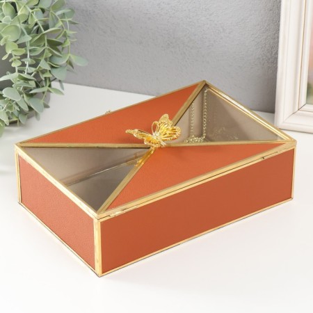 Casket glass, leatherette with a metal frame "Butterfly" red 24x16.5x8 cm-3