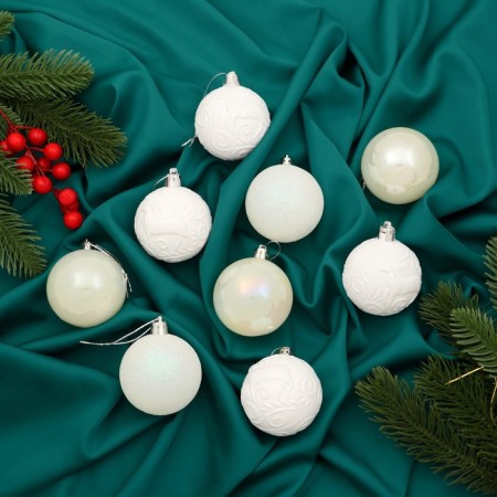 Set of balls plastic D-6 cm, 9 pcs "Melody" pattern shine, white