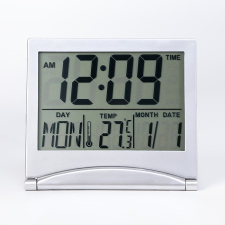Electronic desktop watches: calendar, alarm clock, thermometer, 8.8 x 7.8 cm, CR2025