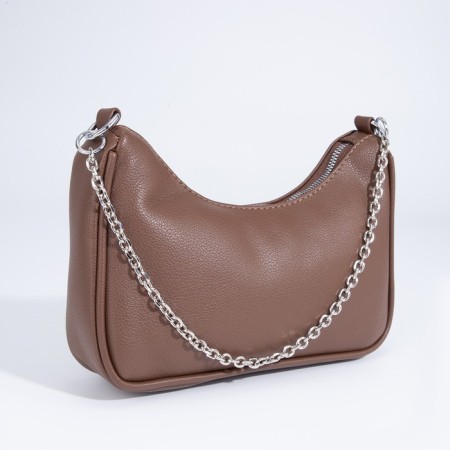 Baget bag with zipper, long belt, brown color-3