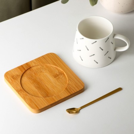 Ceramic mug with a spoon on a wooden stand “Future”, 240 ml, white color-1