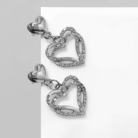 Earrings with the rhinestones “Heart” connected, white color in silver-1
