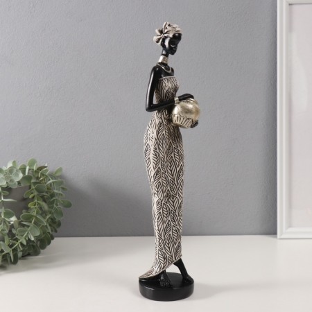 Polystone souvenir "African in a dress with leaves, with a pot" White with black 8.5x8x39 cm-1