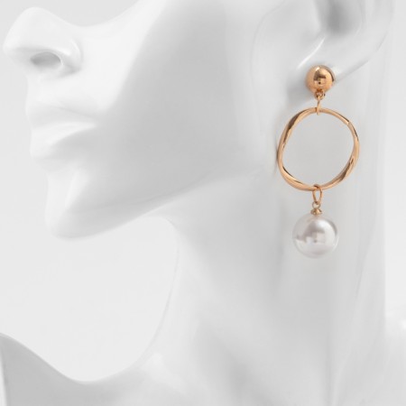 Earrings with pearls "Tenderness" circle with bead, white color in gold-10