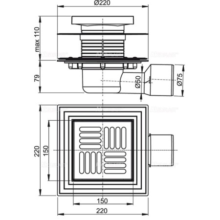 Alcaplast APV3444, 150 × 150/50/75 mm, side drain, dry water and wet and wet-1
