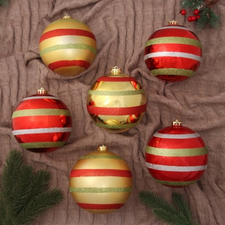 Set of balls plastic D-14 cm, 6 pcs "striped boom" red-gold