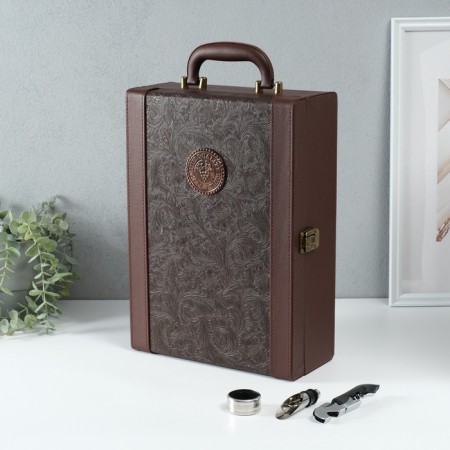 Casket wood, leatherette for 2 bottles of premium 3 objects 11.5x26x37 cm