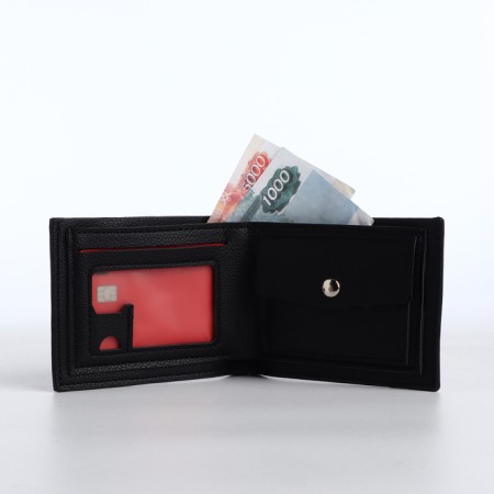 Male purse without fastening, department for cards, coins, black color-5