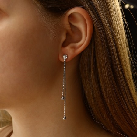 Hanging earrings with the rhinestones "celebrity" threads with beads, white color in silver, 12.5 cm-3