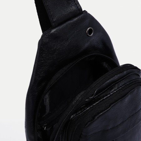 Male sling bag, artificial leather, headphone opening, black color-3
