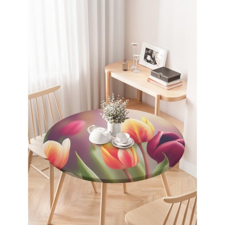 Gabloon on the table “Field of tulips”, round, oxford, elastic band, size 120x120 cm, diameter 75-100 cm-2