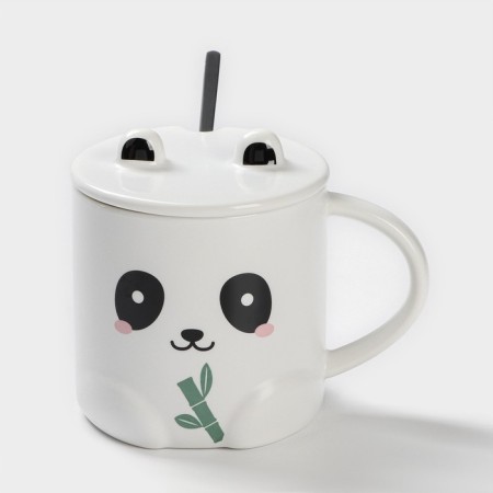 Ceramic mug with a spoon "Panda", 350 ml, white color