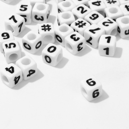 Acrylic bead "numbers and symbols" mix, cube 7 × 7 mm, set 10 g, white-black color-1