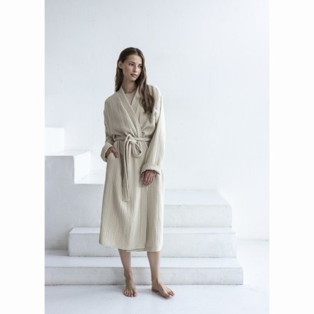 Essential bathrobe, multilayer muslin, size L, beige color-6