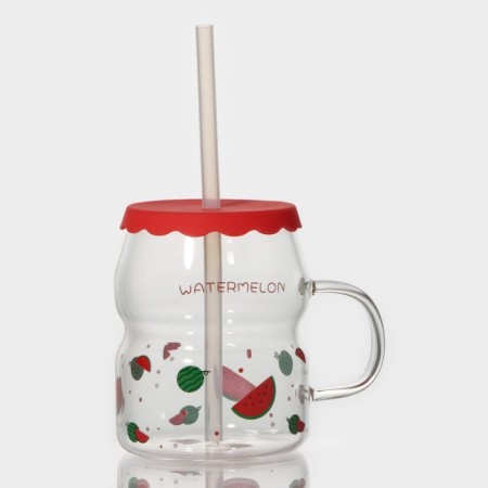 Glass mug with silicone lid and pipe "Frutis", 400 ml, color mix-8