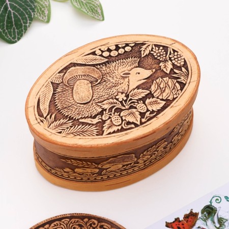 Casket "Hedgehog - Eccentric", oval, 12 × 8.5 × 6.5 cm, birch bark-2