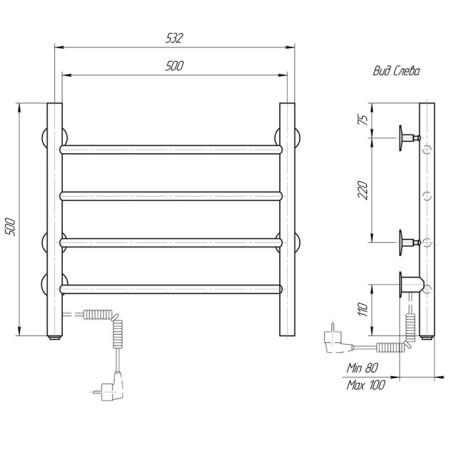 Electric towel Domoterm 109-4, 500x500 mm, left, black matte-3