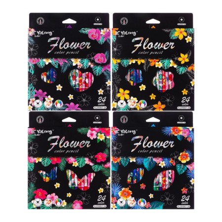 Pencils 24 colors in a cardboard box, hexagonal, wooden, flowers on a black mix-1