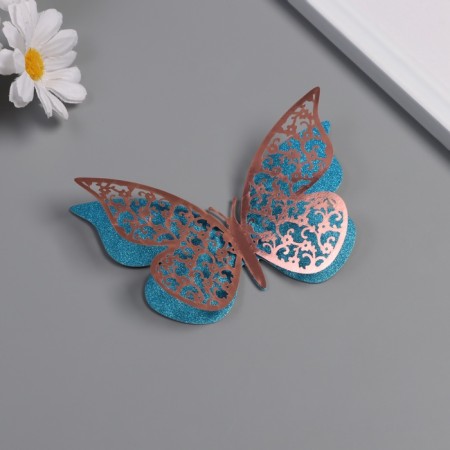 Stick paper, plastic "Flower blue butterflies" sparkles set 12 pcs 12 cm, 10 cm 8 cm 1052426-1