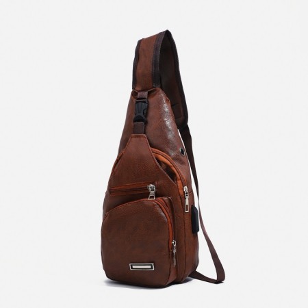 Male sling bag made of artificial leather, with USB, brown color-1