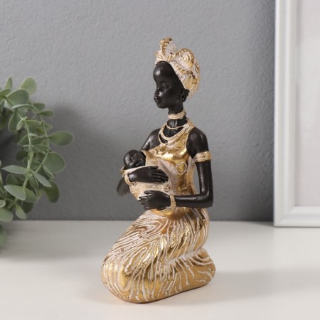 Souvenir Polystone "African with a child, in a golden dress" 11x7.5x18 cm-3