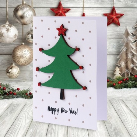 A postcard with a wooden element "Happy New Year!" Handmade, Christmas tree, 14.7x10.5 cm-2