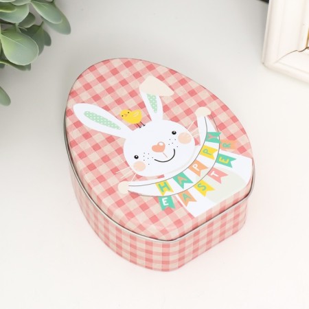 Casket Metal Egg "Bunny with stretching of happy Easter" 11.7x9.2x4.5 cm-1