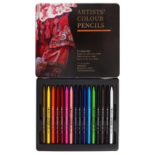 Pencils are whole, in a metal box, 16 colors