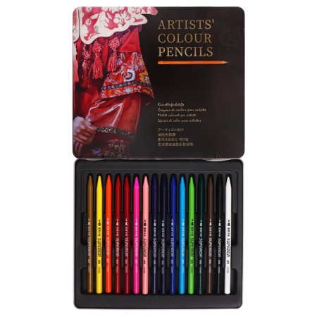 Pencils are whole, in a metal box, 16 colors