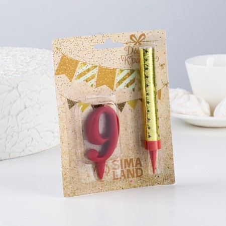 Candle for cake the number "oval" red "9" + fountain-2