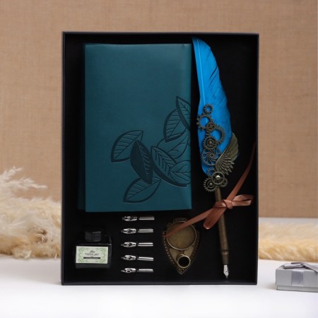Gift set 4V1 "steampunk": notebook, feathers turquoise, ink, tips-1