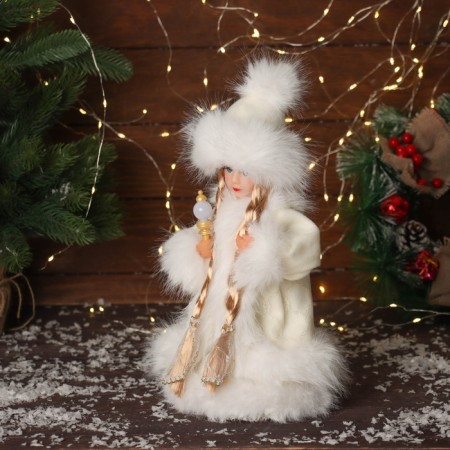 Snow Maiden "in a fluffy fur coat, with a flashlight" moves, with a backlight, 30x18 cm, milk-3