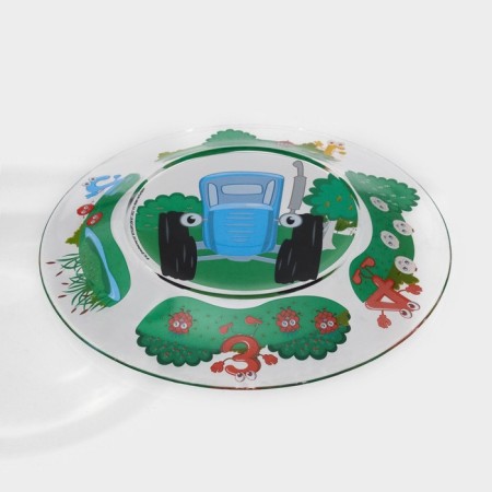Glass plate "Blue Tractor. Numbers ", d = 19.5 cm, h = 1.8 cm, glass-3