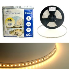 Светодиодная лента Feron 40 м, IP20, SMD2835, 120 LED/м, 8 Вт/м, 48 В, свечение тёплое белое
