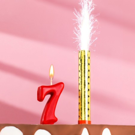 Candle for cake the number "Oval" Red "7" + Fountain