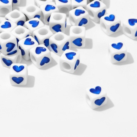 Acrylic bead "Heart", cube 7 × 7 mm, set 10 g, white-blue color-1