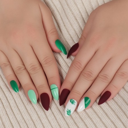 Follow nails, 24 pcs, with glue plates, almond shape, matte burgundy/green/white color-10