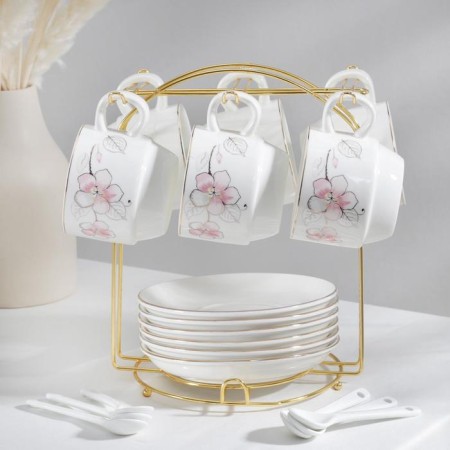 Tea ceramic service on a metal stand “Rose”, 19 objects: 6 cups 170 ml, 6 saucers 13.5 cm, 6 spoons, white color