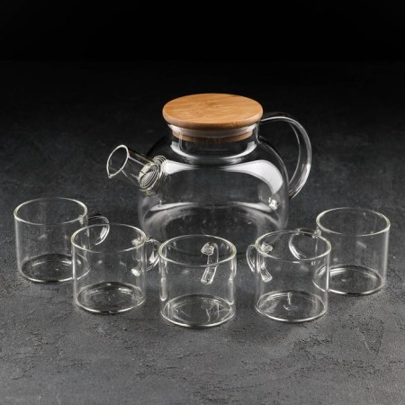 Glass Tea Set on an Eco wooden stand, 7 items: kettle 1.1 liters, 5 mugs 120 ml, stand-6