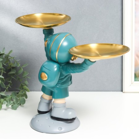 Souvenir Polystone stand "Cosmonaut in turquoise with two dishes" 14x26.5x32 cm-4