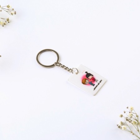 Key keychain “Our love is...”, acrylic, 13.3 x 8-4