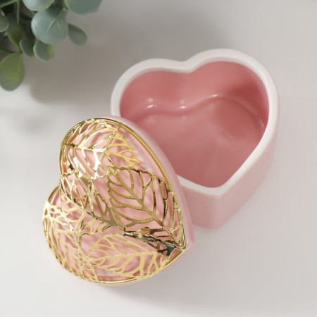 Coramics box, metal "Heart with leaves" Pink 9x8.5x7.2 cm-1