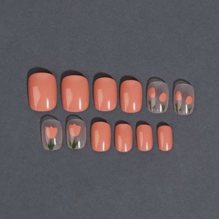Flower overhead nails, 12 pcs, with adhesive plates, soft square shape, peach/milk color-3