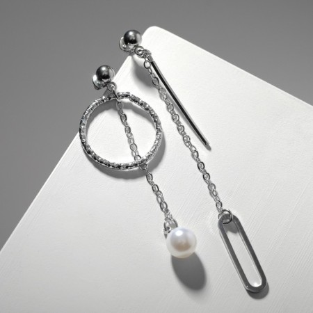 Earrings with pearls "multi -level" circle with a stick, white color in silver-1