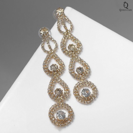 Hanging earrings with grace rhinestones, drops of trio, white color in gold, 9 cm-1